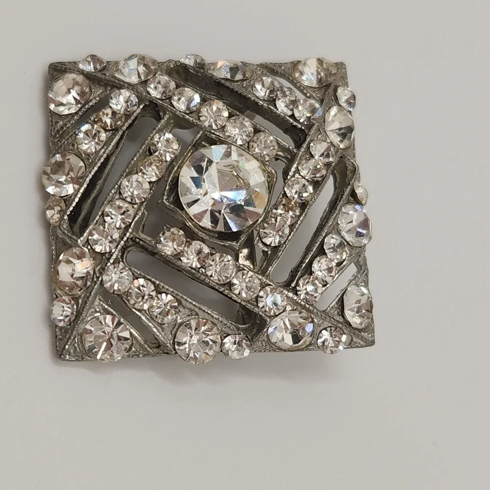 Vintage Art Deco Rhinestone Square Brooch Geometric Silver Tone Pot Metal Pin